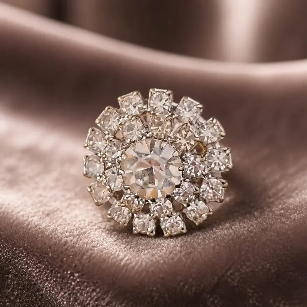 Vintage Rhinestone Sunburst Dome Cocktail Ring • Mid-Century Glamour Statement
